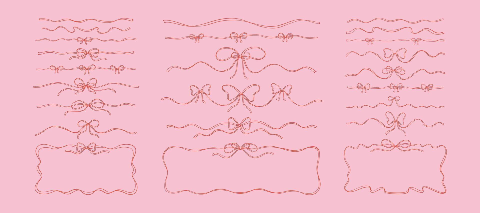 Set of hand drawn bow ribbon text dividers, tape separators and horizontal rectangle frames. Fancy sketchy vintage flourish design elements. Filigree wavy pink whimsical background vector