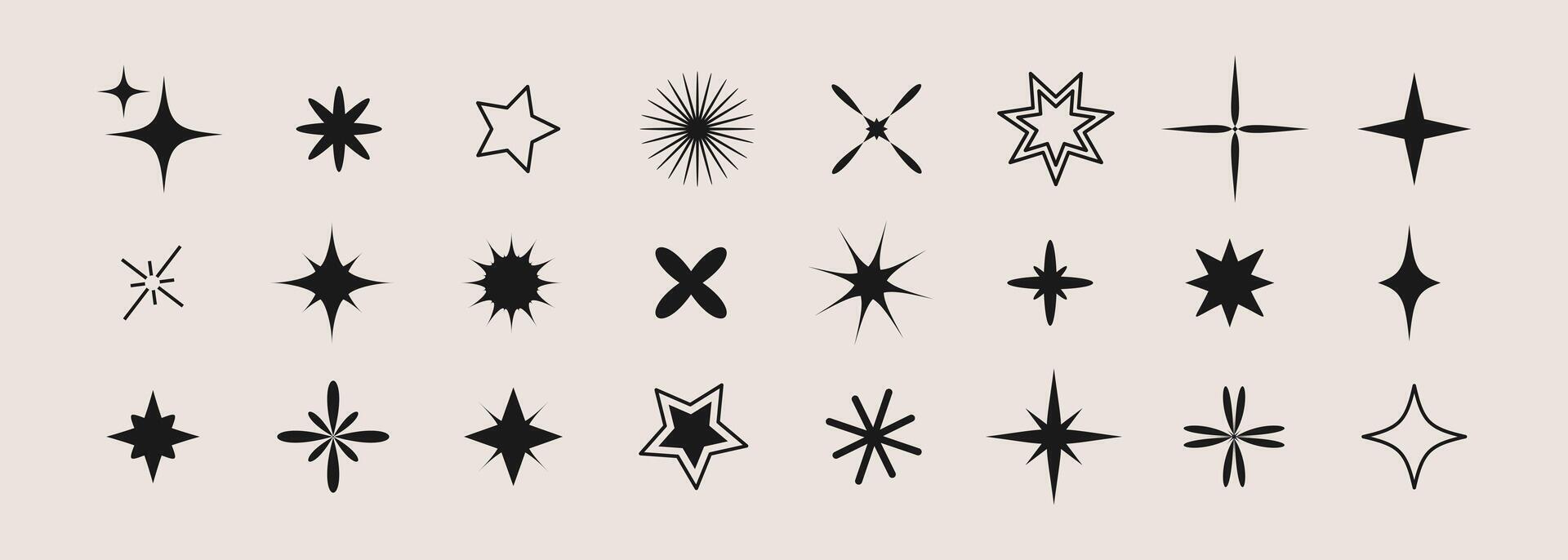 Set of different shining stars icon, glowing light effect, decorative twinkle forms, abstract sparkling flash elements. Y2k abstract shapes for design, posters, banners, cards vector