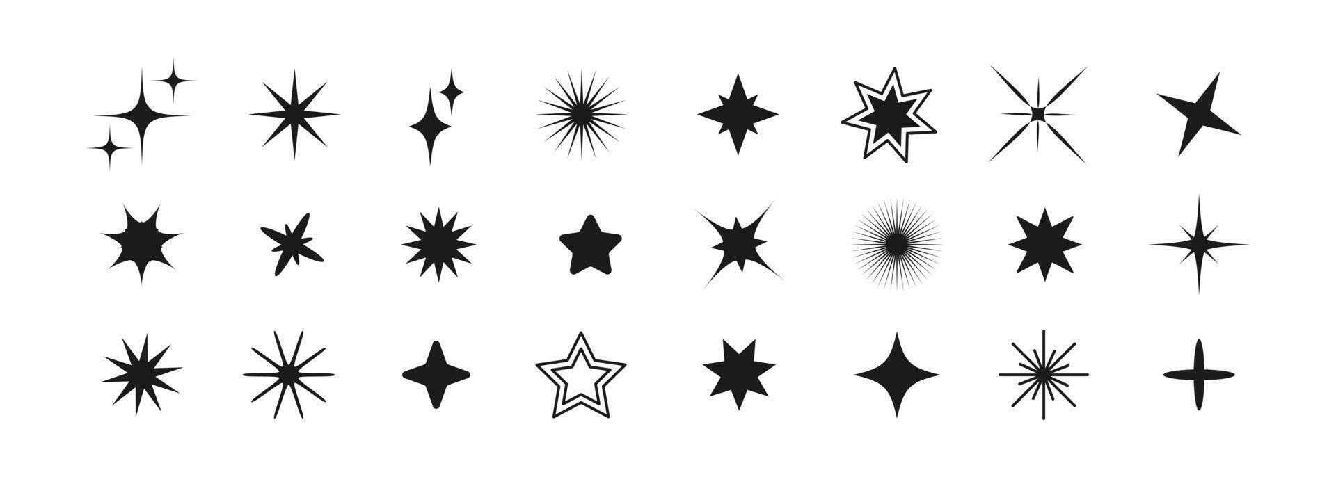 Set of different shining stars icon, glowing light effect, decorative twinkle forms, abstract sparkling flash elements. Y2k abstract shapes for design, posters, banners, logo, cards vector