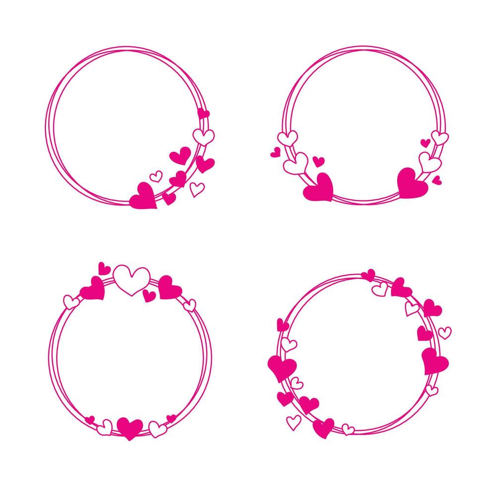 Collection of round frames with hand drawn pink hearts vector