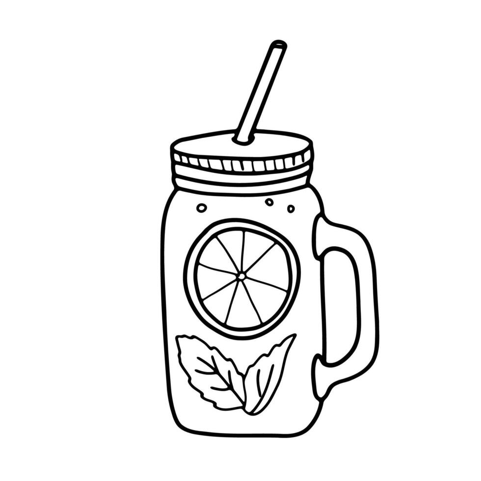 Iced Tea with Lemon and Mint or Lemonade in Mason jar glass and Straw. Black and white outline drawing. Minimalist illustration in Doodle style. Ideal for beverage branding, restaurant menus. vector