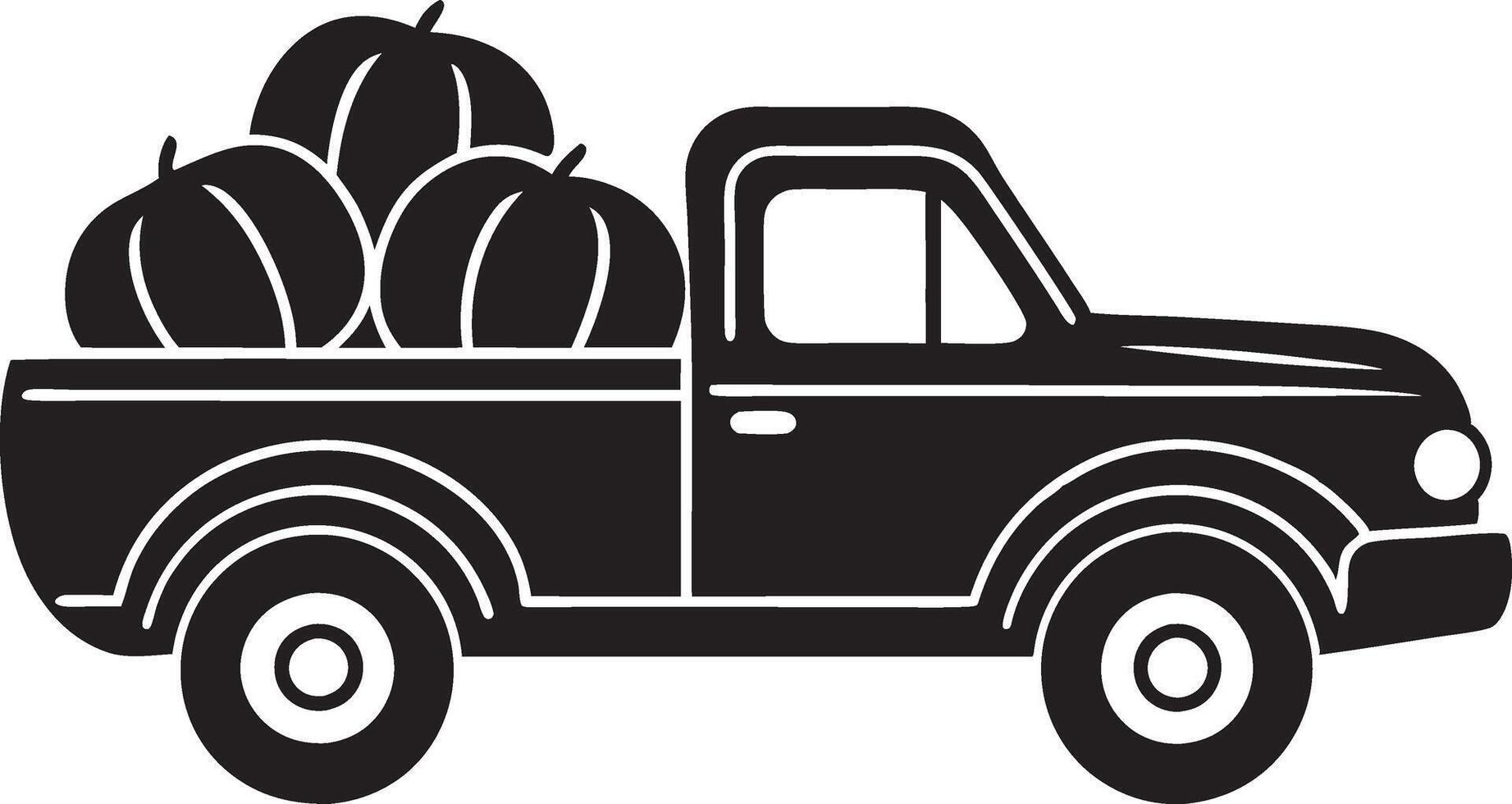 a black and white illustration of a truck with a pumpkin in the back vector