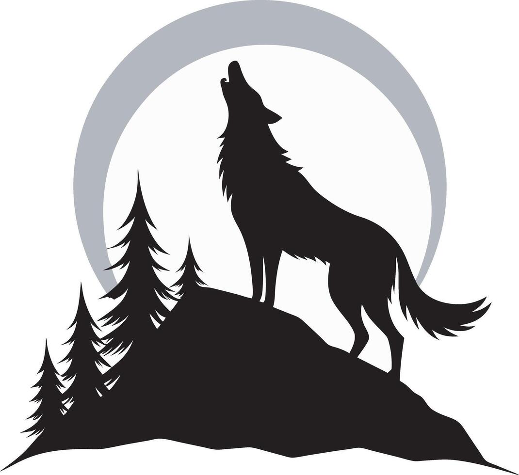 a wolf howling at the moon on a hill vector