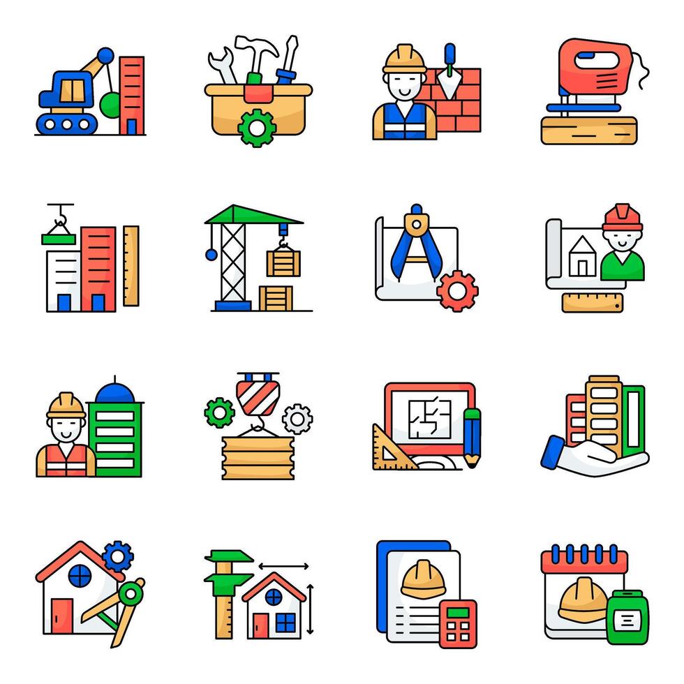 Set of Construction and Erection Flat Icons vector