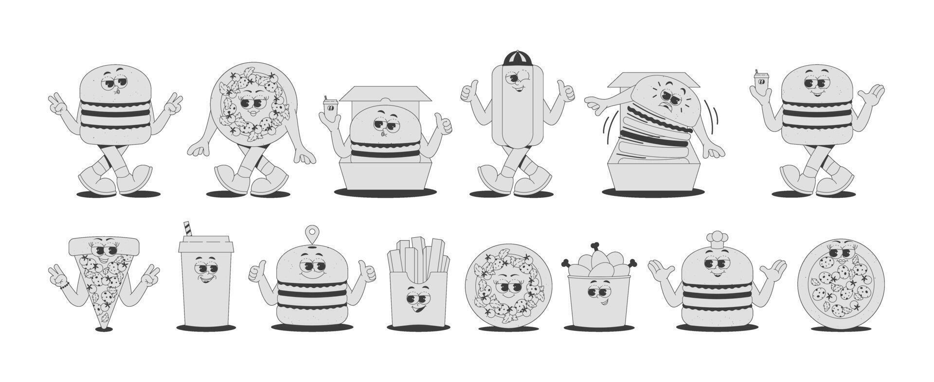 Pizza, burger, hot dog and chicken thighs characters street food set in trendy retro groovy style. Funky psychedelic fast food mascot. stickers in black monochrome palette vector