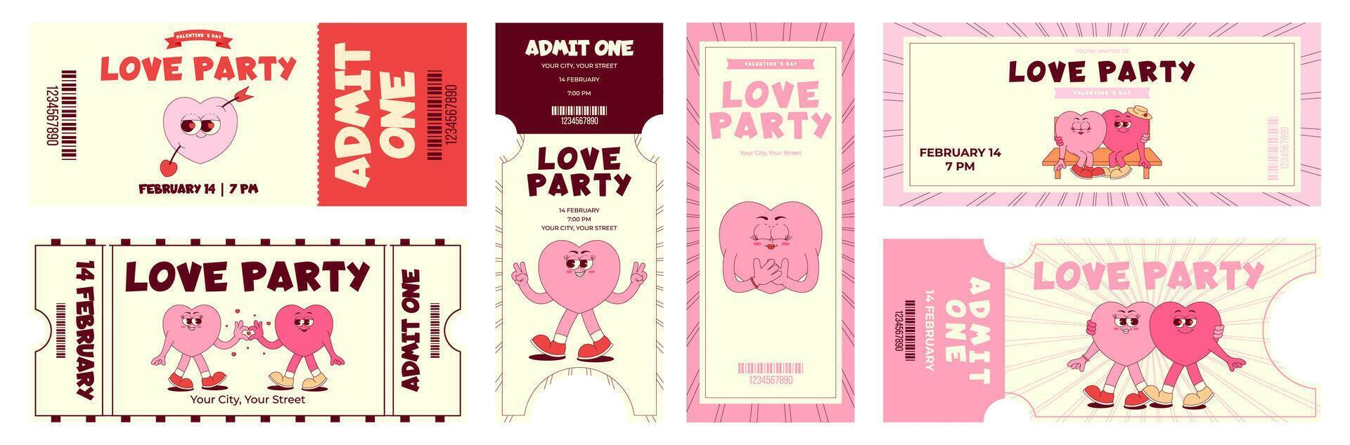 Colorful love party ticket set. Cute heart character in retro groovy style. Details events, barcode, date, time. Valentines day, February 14. Horizontal and vertical illustration vector