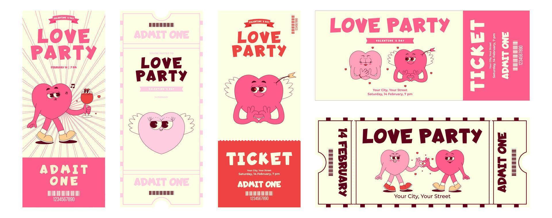 Colorful love party ticket set. Lovely heart character in retro groovy style. Details events, barcode, date, time. Valentines day, February 14. Horizontal and vertical illustration vector