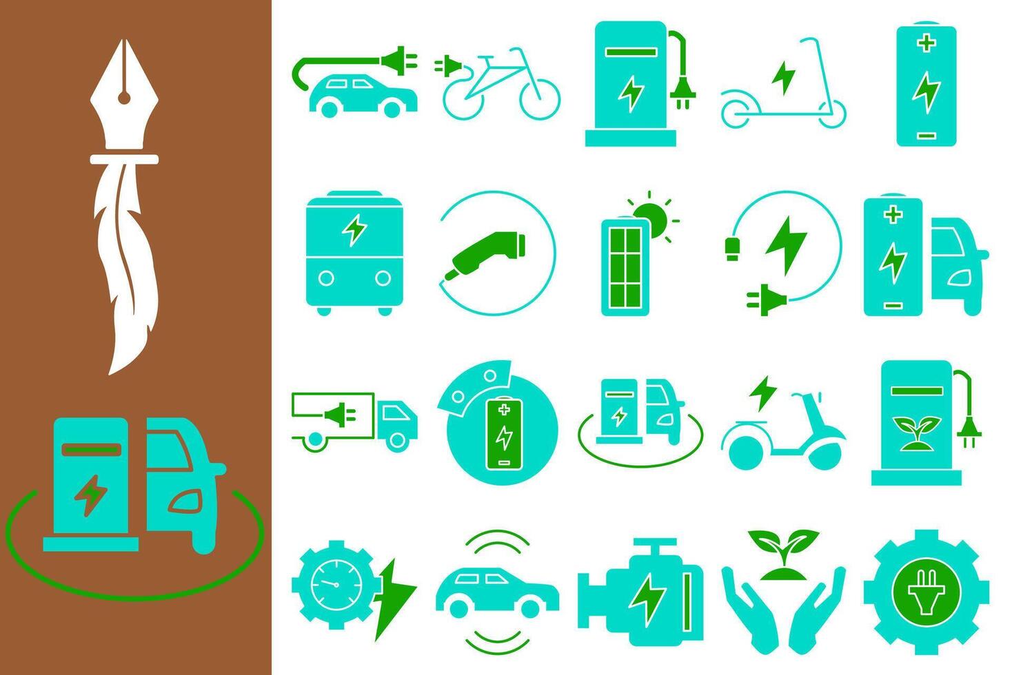 A versatile modern and minimalist Electric Vehicle Icon Set, with green and blue colors, ideal for websites, mobile apps, presentations and marketing materials. vector