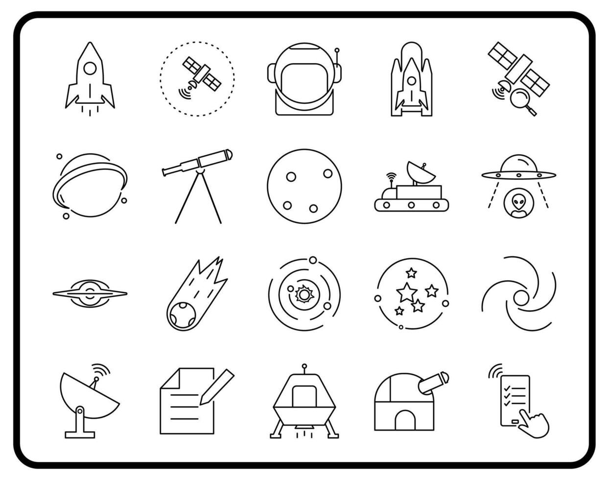 Space exploration line icon set with modern and minimalist design. Ideal for educational apps, space websites, social media, scientific presentations etc. vector