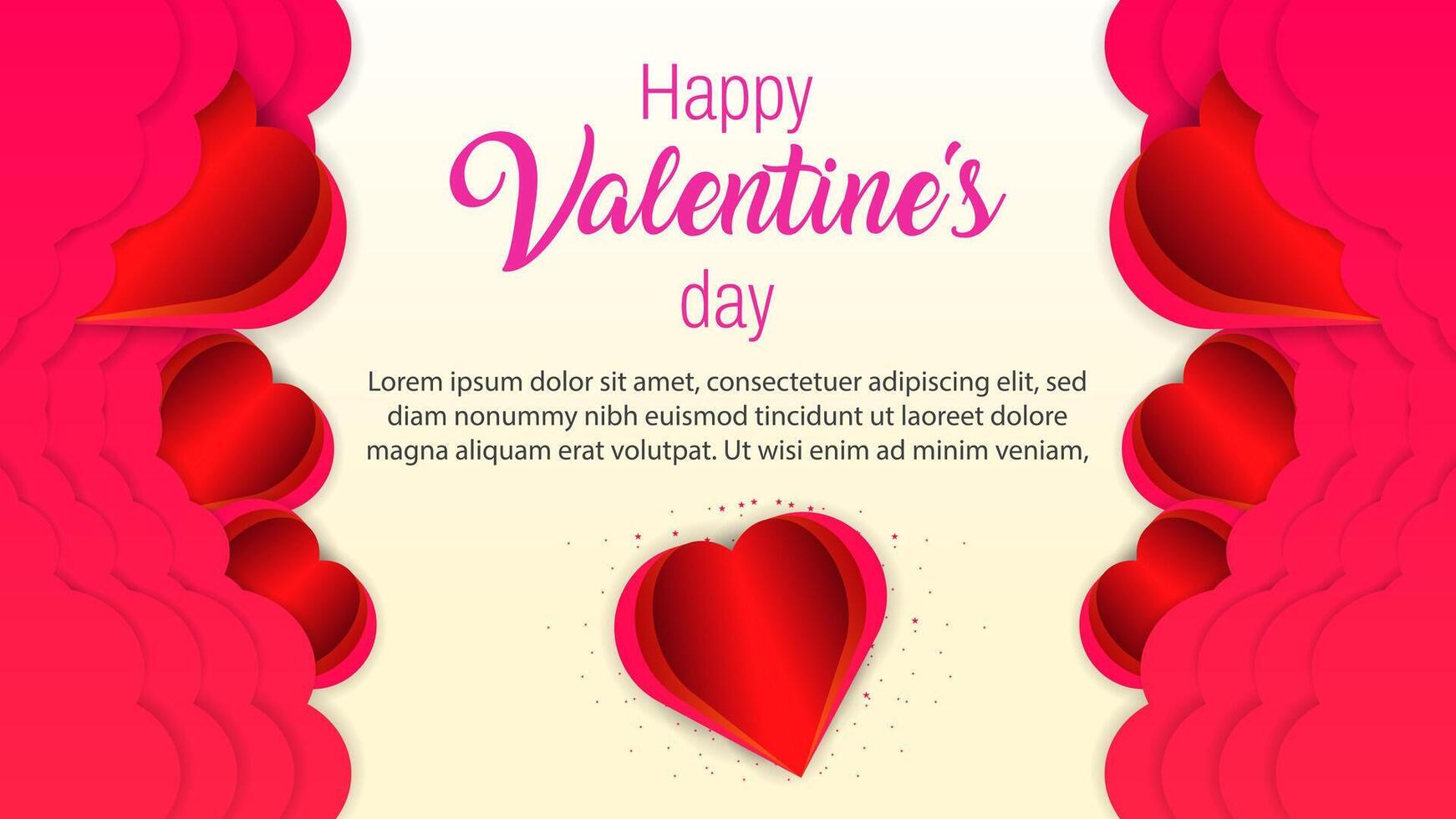 February 14 happy Valentines Day poster or voucher design. Pink and red gradient heart shapes. Happy valentines day calligraphy text on pink background illustration. social media post design. vector