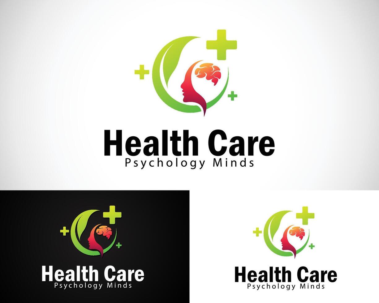 psychology logo creative design concept health mind nature sign plus herbal leave vector