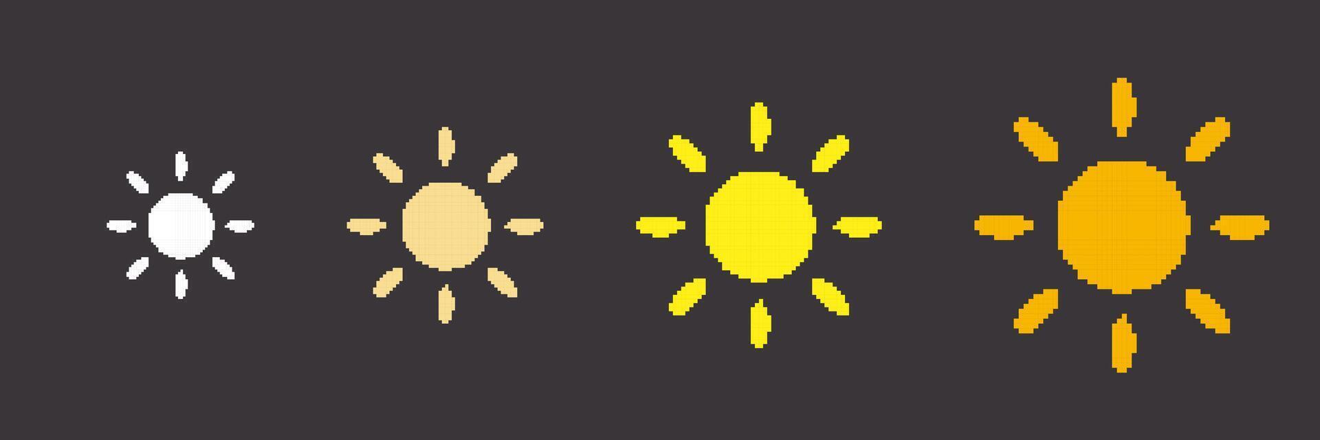 Sun Pixel Art Icon Set. Retro Game Yellow Sun Collection Isolated on Dark Background. Vintage Game Symbol. Isolated Illustration vector