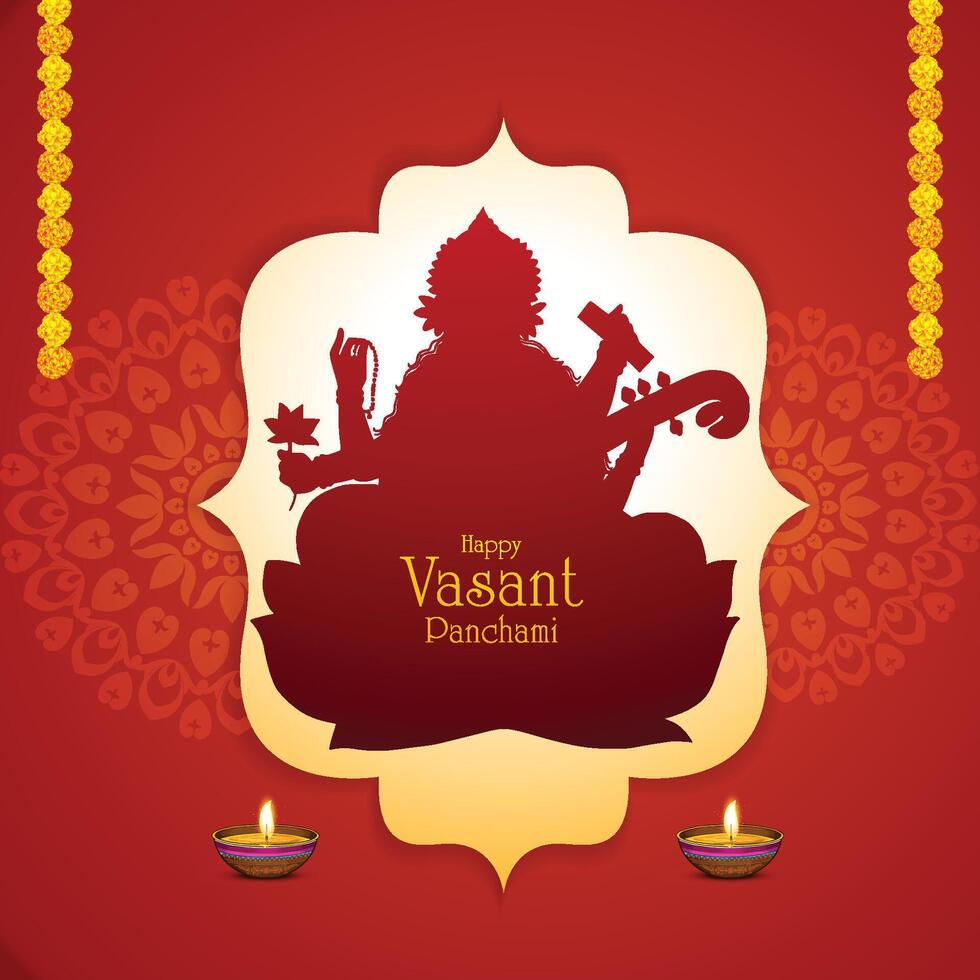 Happy vasant panchami religious festival with goddess saraswati vector