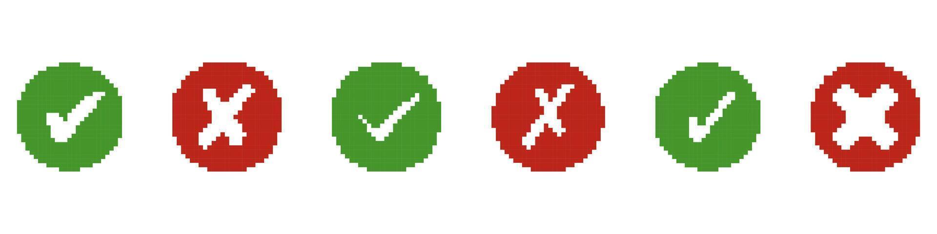 Pixel Art Green Check Marks and Red Cross Icons in Circle Shapes. Approval and Rejection Symbol Collection for Retro UI Design. Success and Error Sign. Isolated Illustration vector