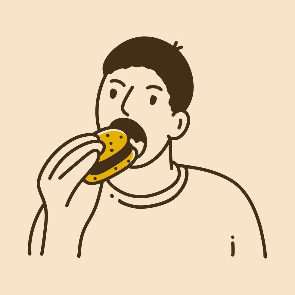 Retro illustration line art of a man eat a burger vector