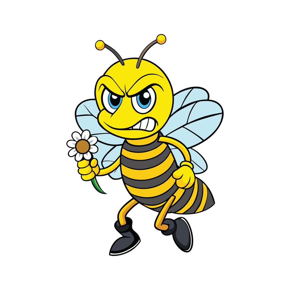 Angry Bee Character Holding a Daisy Flower vector
