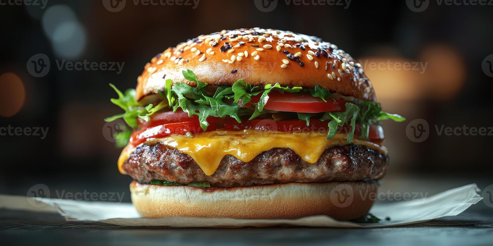 Juicy cheeseburger with fresh vegetables served on a wooden table at a lively restaurant in the evening photo