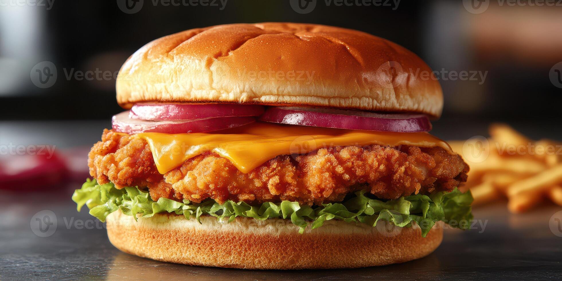 Savory fried chicken sandwich with fresh toppings and crispy fries displayed on a wooden table photo
