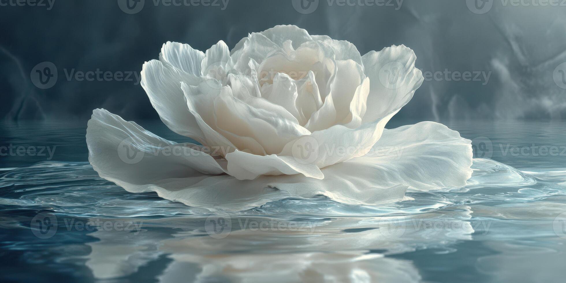 White lotus flower gracefully floating on calm water in serene surroundings during daylight hours photo