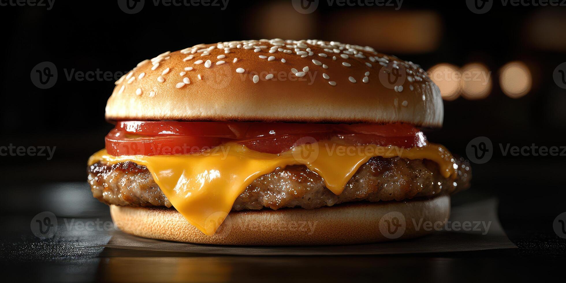 Delicious cheeseburger with fresh tomato and melted cheese served in a warm sesame seed bun photo
