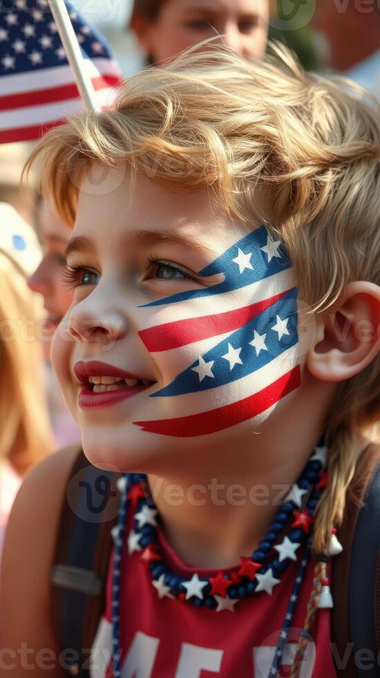 Child celebrates patriotic holiday with face paint displaying stars and stripes at a community event during summer festival photo
