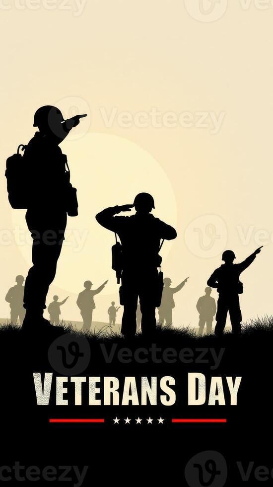Silhouettes of soldiers honoring Veterans Day during sunset with a backdrop of marching troops photo