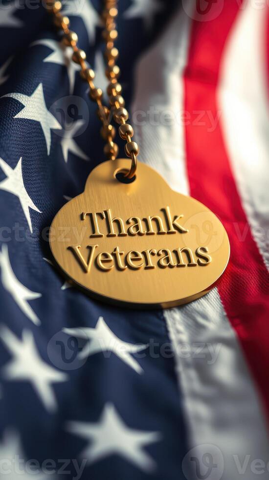 Gold tag with message of gratitude for veterans on American flag background photo