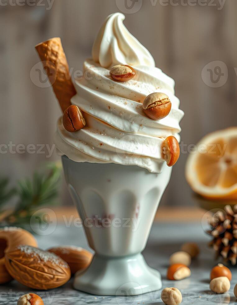 Delicious soft serve dessert topped with nuts and lemon near pine cones and greenery photo