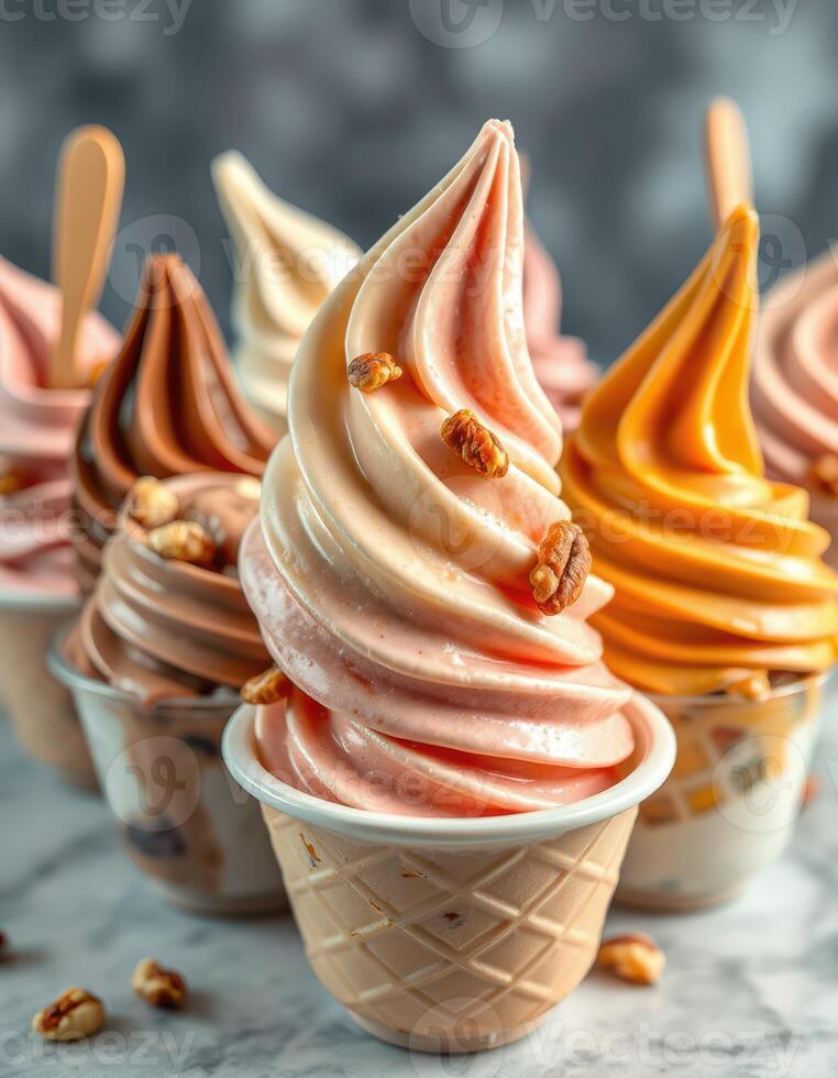 Delicious soft serve ice cream in a variety of flavors displayed on a marble countertop photo