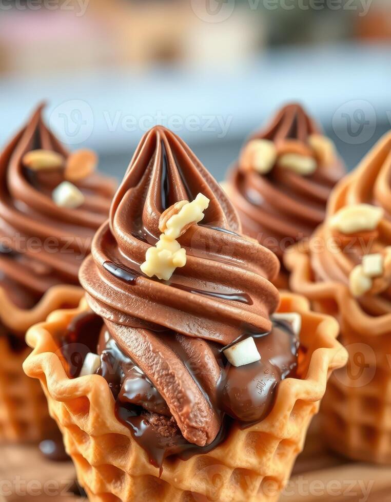 Decadent chocolate soft serve in waffle cones topped with nuts and drizzled chocolate sauce photo