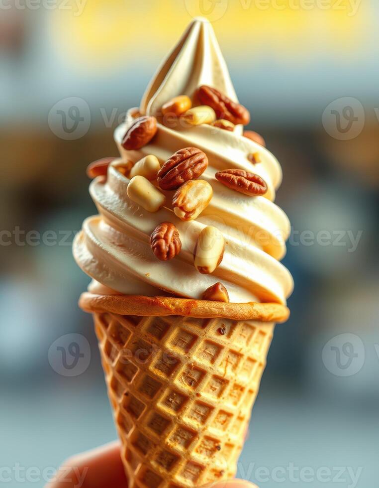 Delicious soft serve ice cream cone topped with mixed nuts enjoyed outdoors on a sunny day photo
