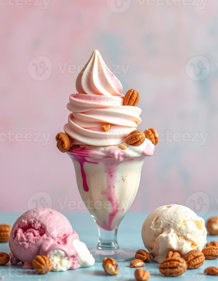 Delightful dessert featuring creamy soft serve and colorful ice cream with nuts on a pastel background photo
