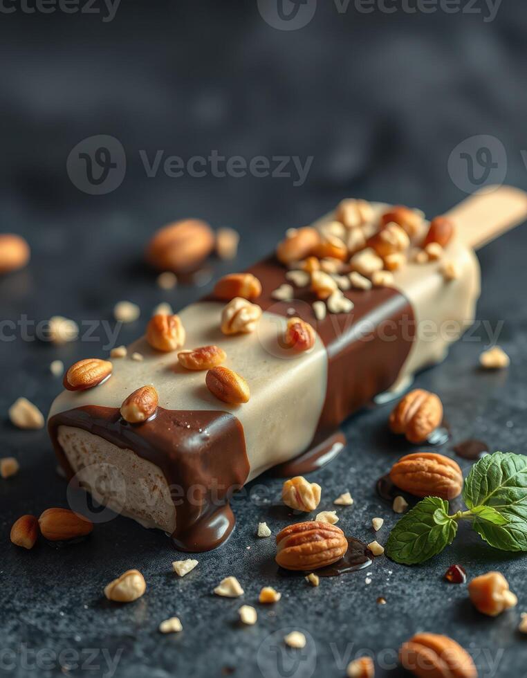 Decadent chocolate and nut-coated ice cream bar on a dark stone background with scattered nuts photo