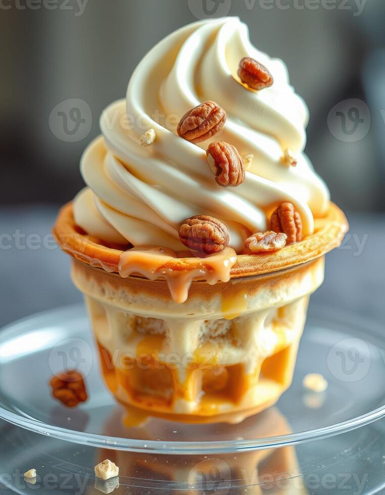 Creamy soft-serve ice cream topped with crushed pecans in a waffle cone served at a dessert shop photo