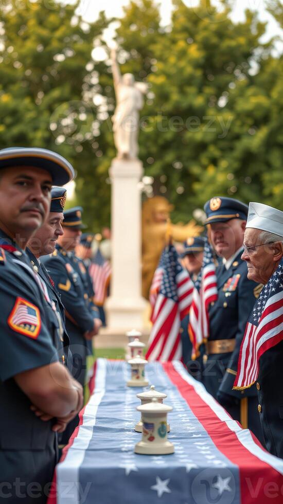 Honorary ceremony with uniformed personnel and flags during a memorial event in a public park photo