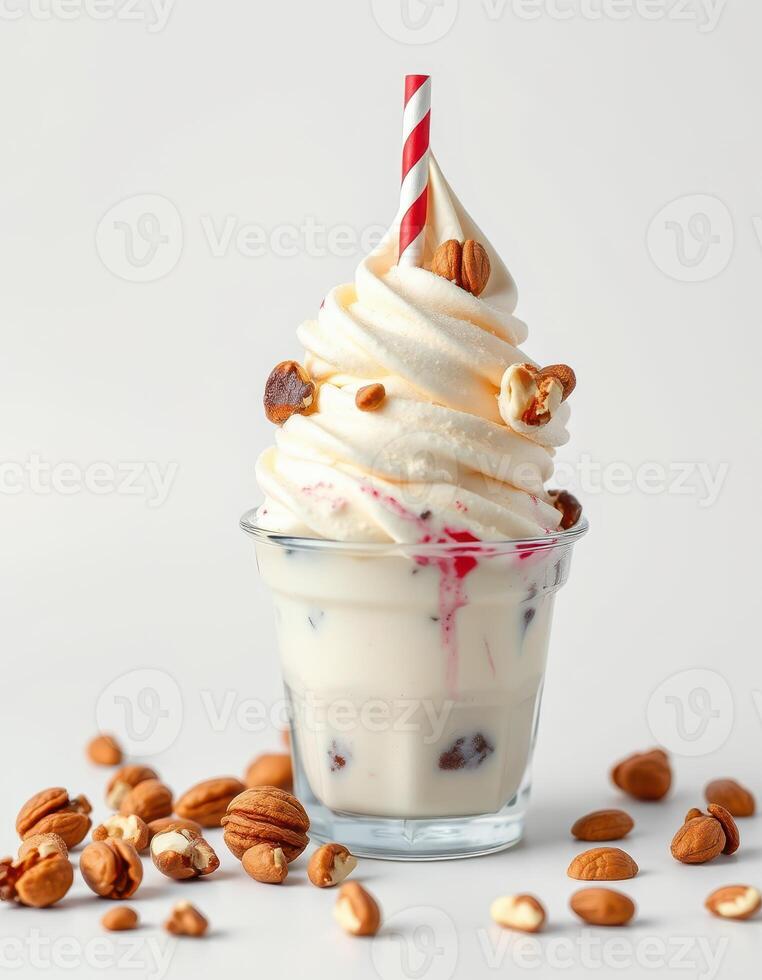 Delicious soft serve dessert topped with nuts and a cherry on a white background photo
