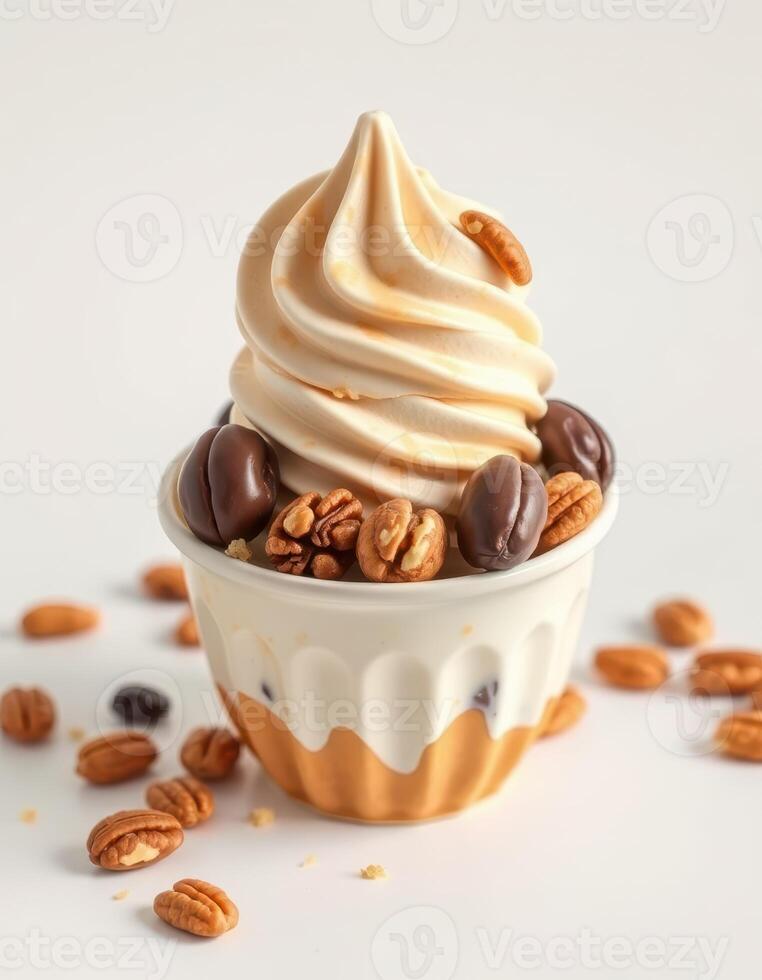 Delicious soft serve ice cream topped with nuts and chocolate in a decorative cup photo