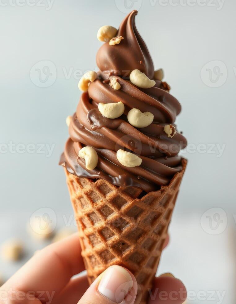 Rich chocolate soft serve ice cream topped with crunchy nuts served in a waffle cone during a sunny afternoon photo