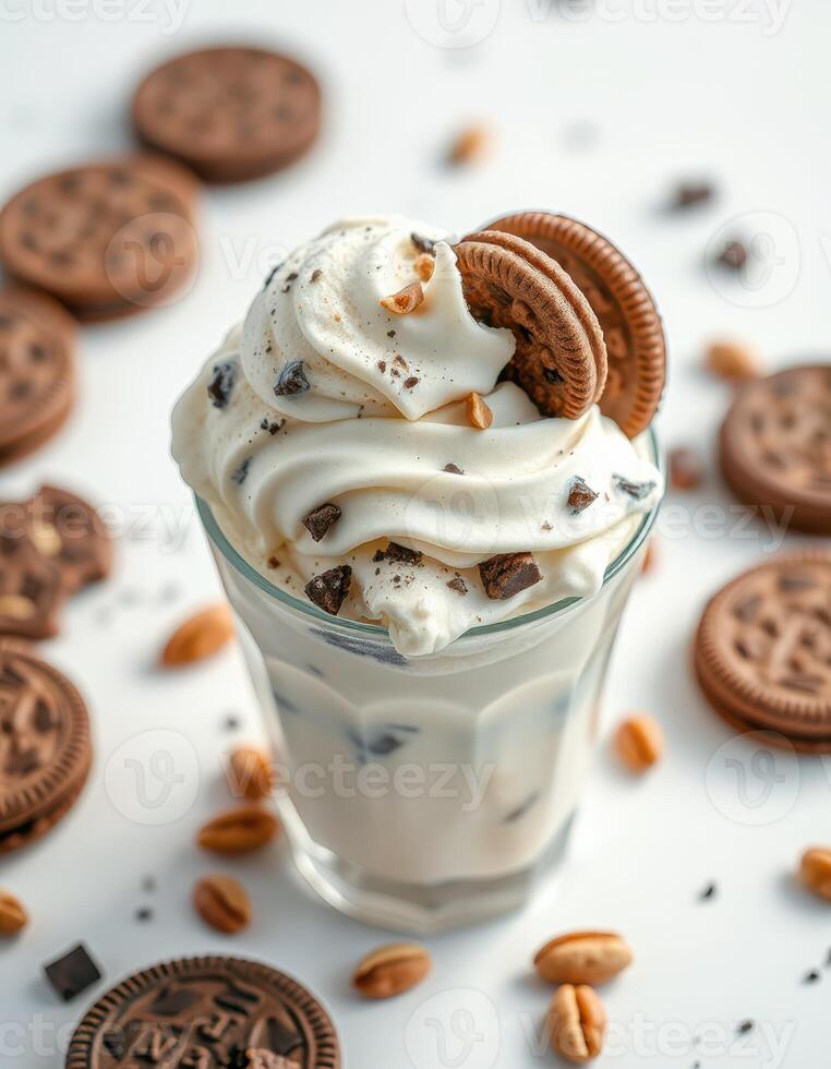 Delicious dessert featuring creamy ice cream topped with cookies and nuts served in a glass photo