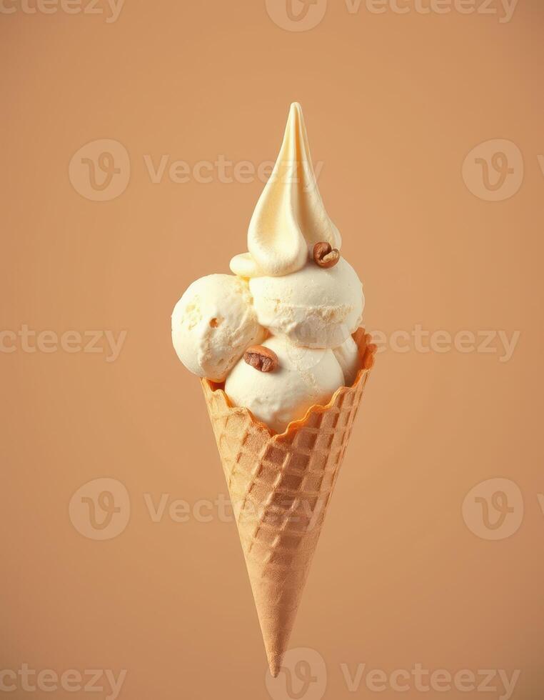 Delicious ice cream cone with soft serve and scoops displayed against a warm background photo