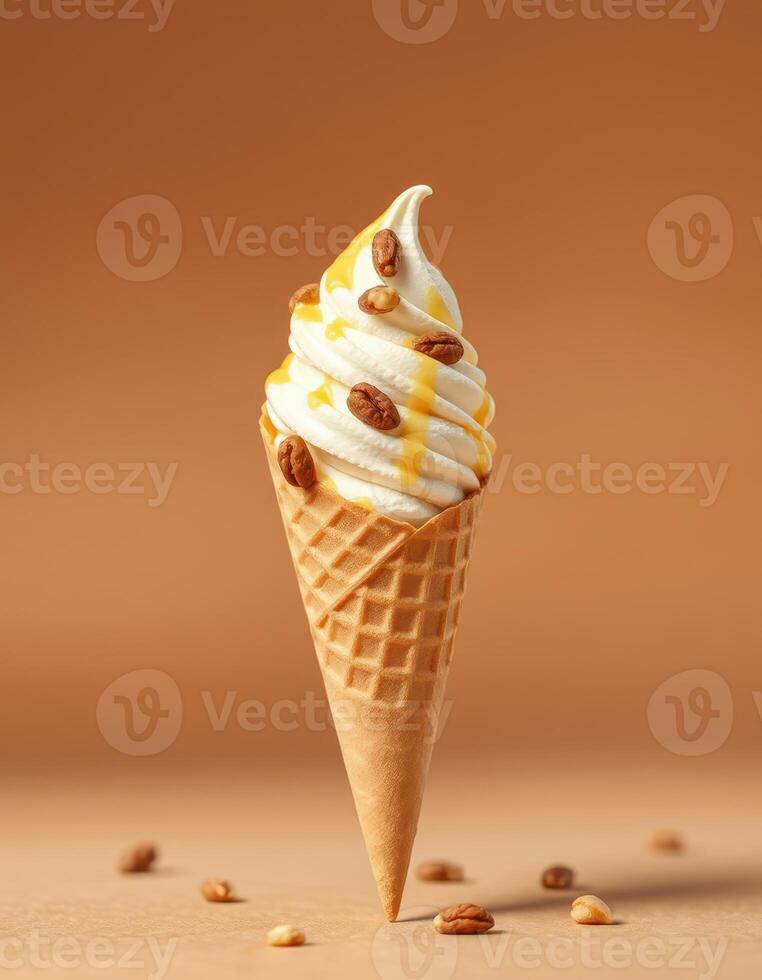 Delicious ice cream cone with caramel sauce and nuts on a neutral background photo