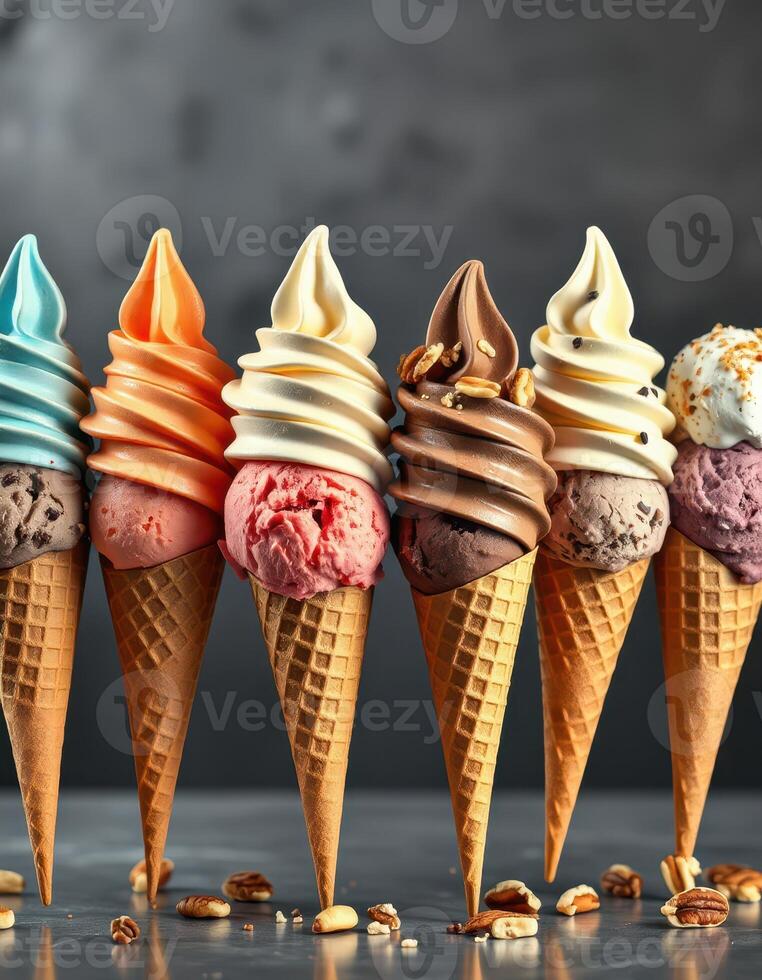 Colorful assortment of soft serve ice cream cones in an inviting display for dessert lovers photo