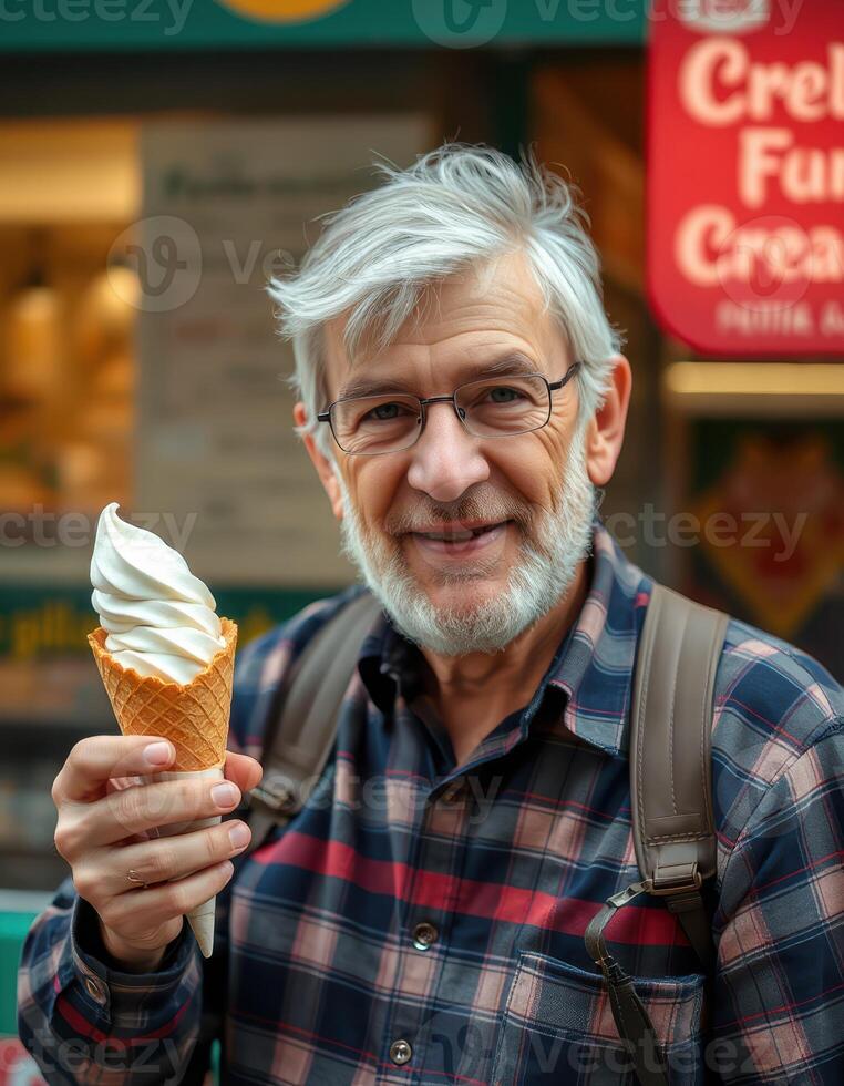 Senior man enjoys soft serve ice cream cone at a colorful creamery on a sunny day photo