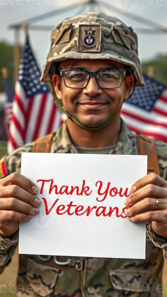 Soldier expresses gratitude with a sign thanking veterans at a military event surrounded by flags photo