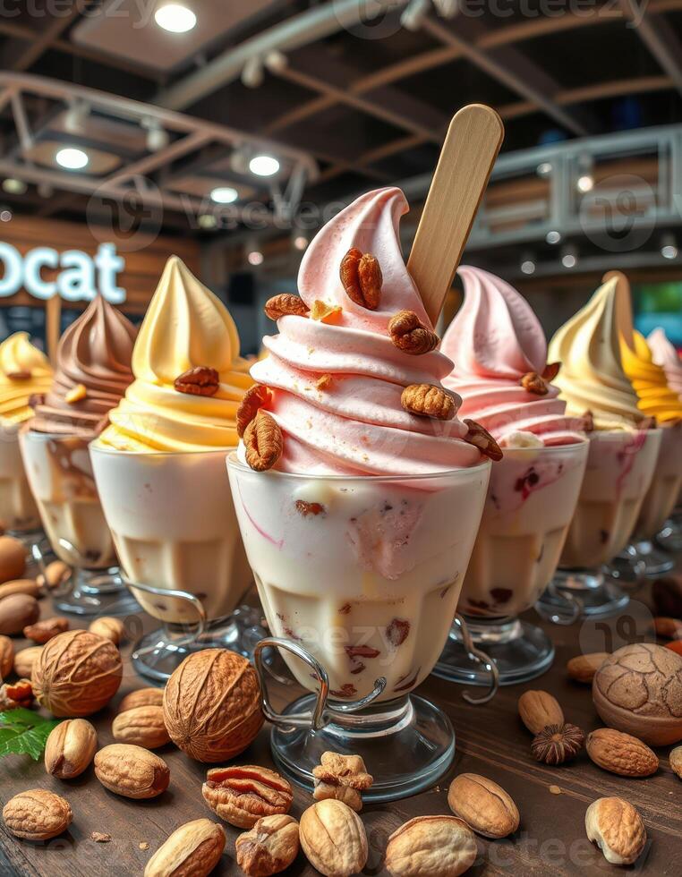 Delicious soft serve ice cream served in elegant glass bowls with nuts and toppings at a dessert shop photo