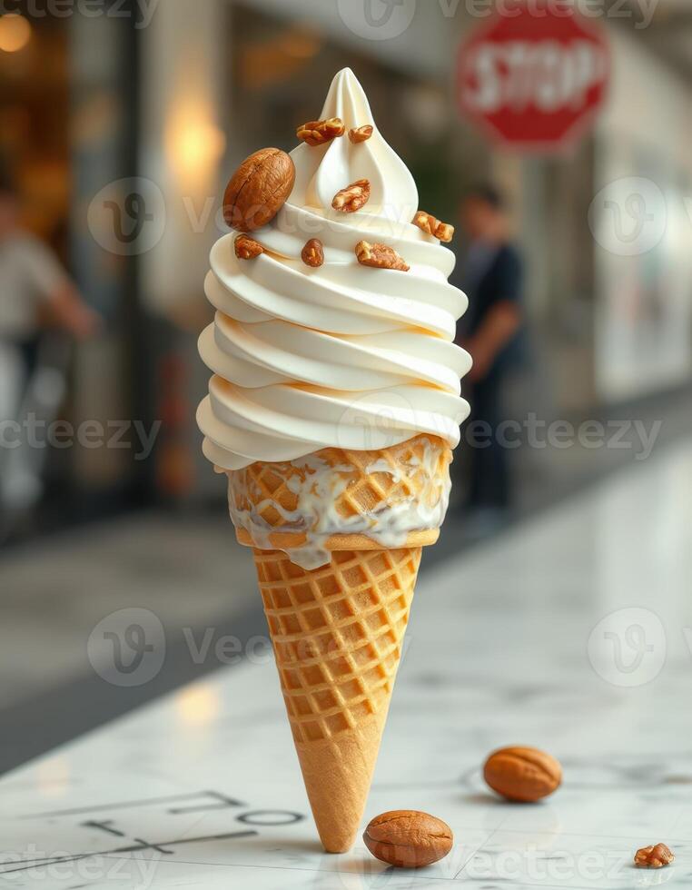 Delicious soft serve ice cream cone topped with nuts served in a waffle cone at a busy mall photo