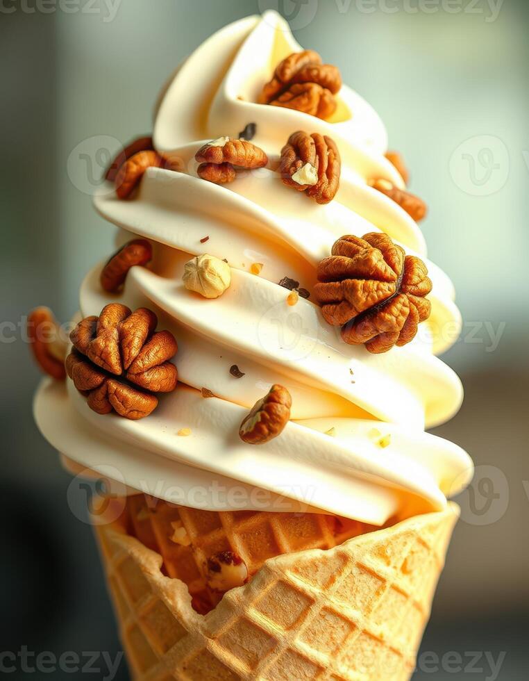 Delicious ice cream cone topped with crunchy pecans served in a waffle cone during summer afternoon photo