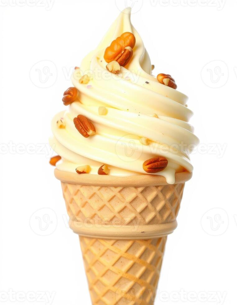Delicious soft serve ice cream topped with nuts in a waffle cone enjoyed on a sunny day photo