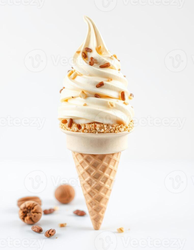 Soft serve ice cream cone with crunchy toppings on a plain background during warm weather photo