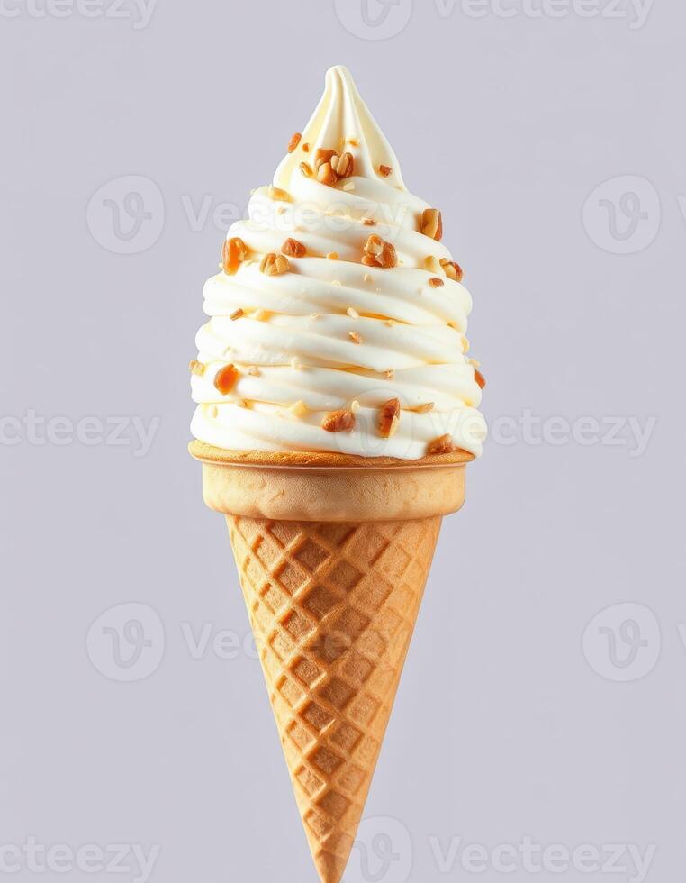 Delicious soft serve ice cream cone topped with crunchy bits and served in a classic waffle cone photo